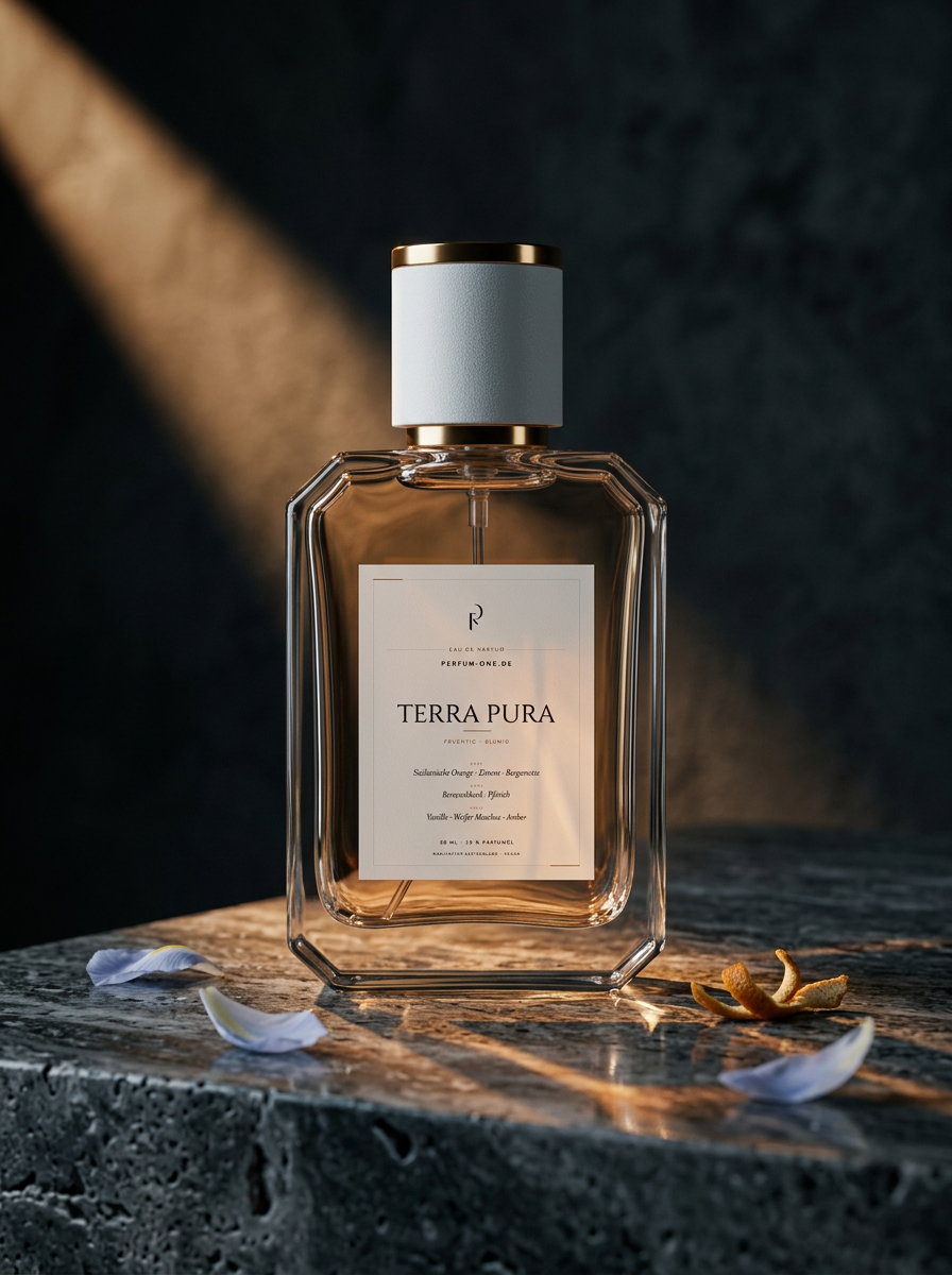 PERFUM-ONE Flakon Terra Pura im warmen Lichtstrahl auf Stein