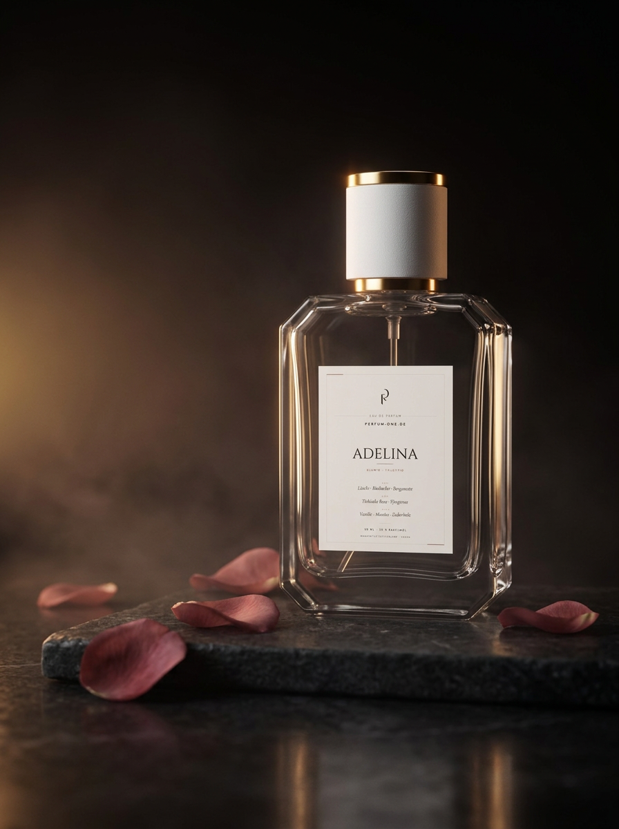 PERFUM-ONE Flakon Adelina auf dunklem Stein mit Rosenblättern